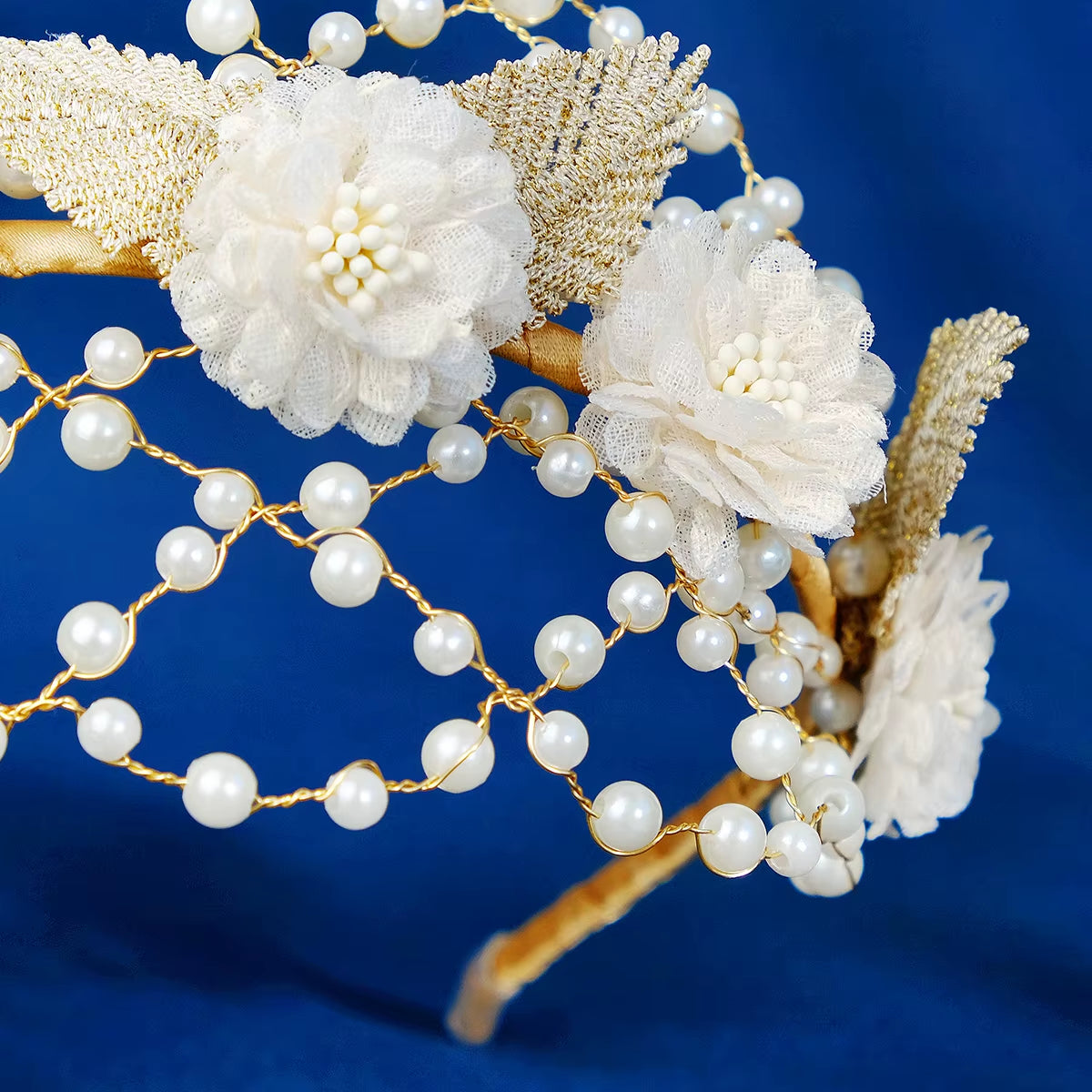 Handmade Fabric Flower Beaded Pearl Bridal Crown Hair Hoop for Girls Wedding Headwear Mesh Hairband