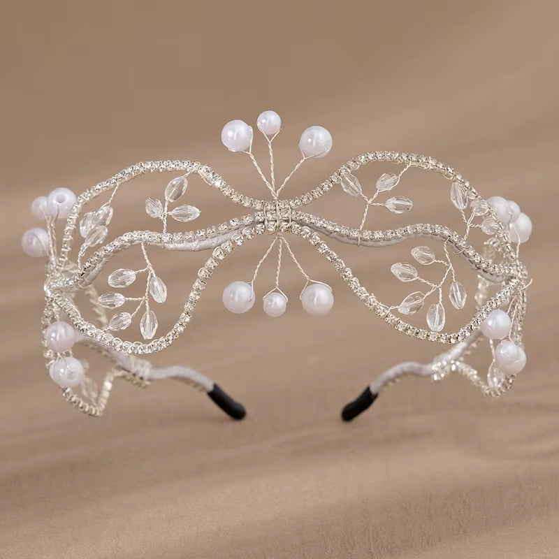 Handmade Crystal Beaded Squiggle Bridal Mesh Headband Crown