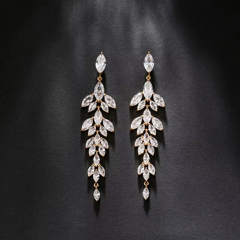 Luxury Long Leaf Tassel Earrings for Women Delicate Shiny Copper Zircon Earrings Wedding Banquet Accessories