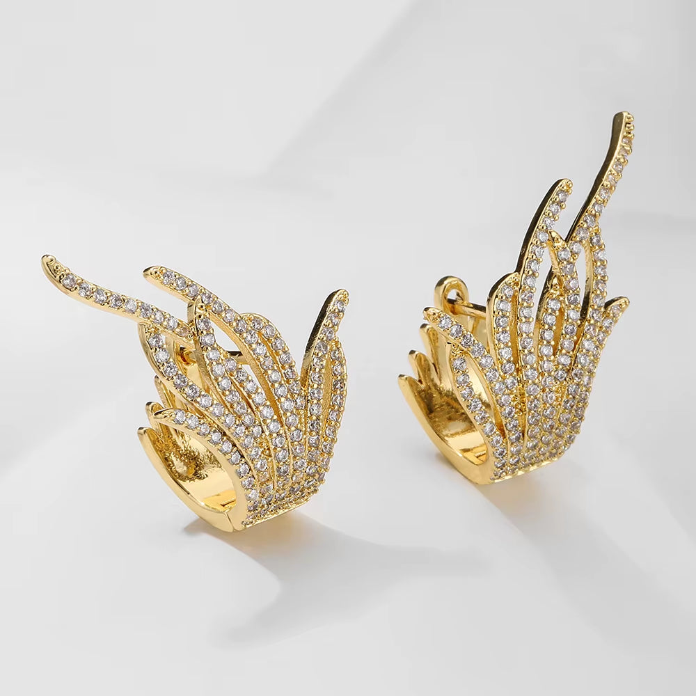 New Korean Creative Feather Earrings Full Zircon Ear Buckle Gold Silver Stud Earrings Wedding Accessories