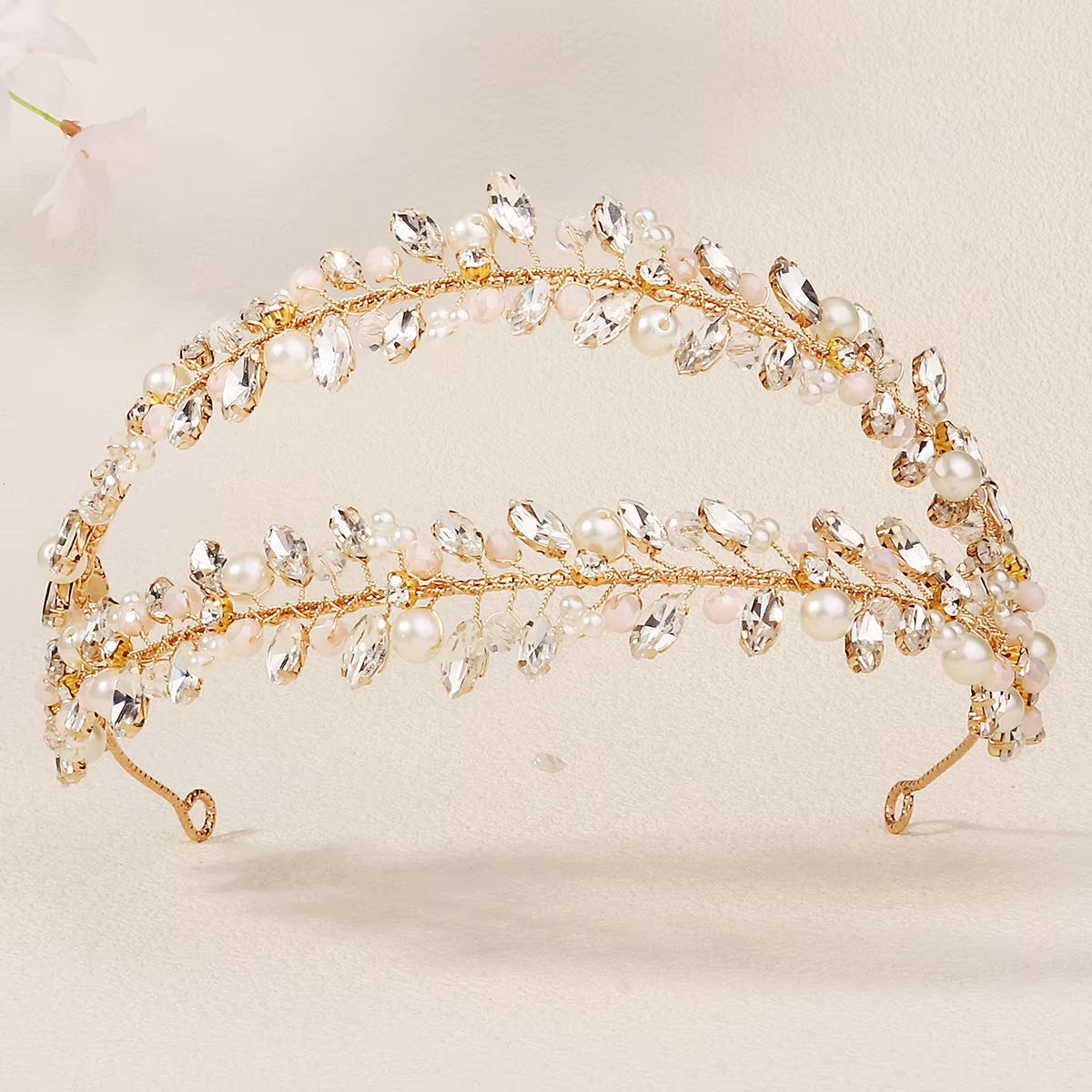 Crystal Double-Row Hair Hoop Headband Crown Handmade Pearl Rhinestone Hairband Bridal Hair Crown