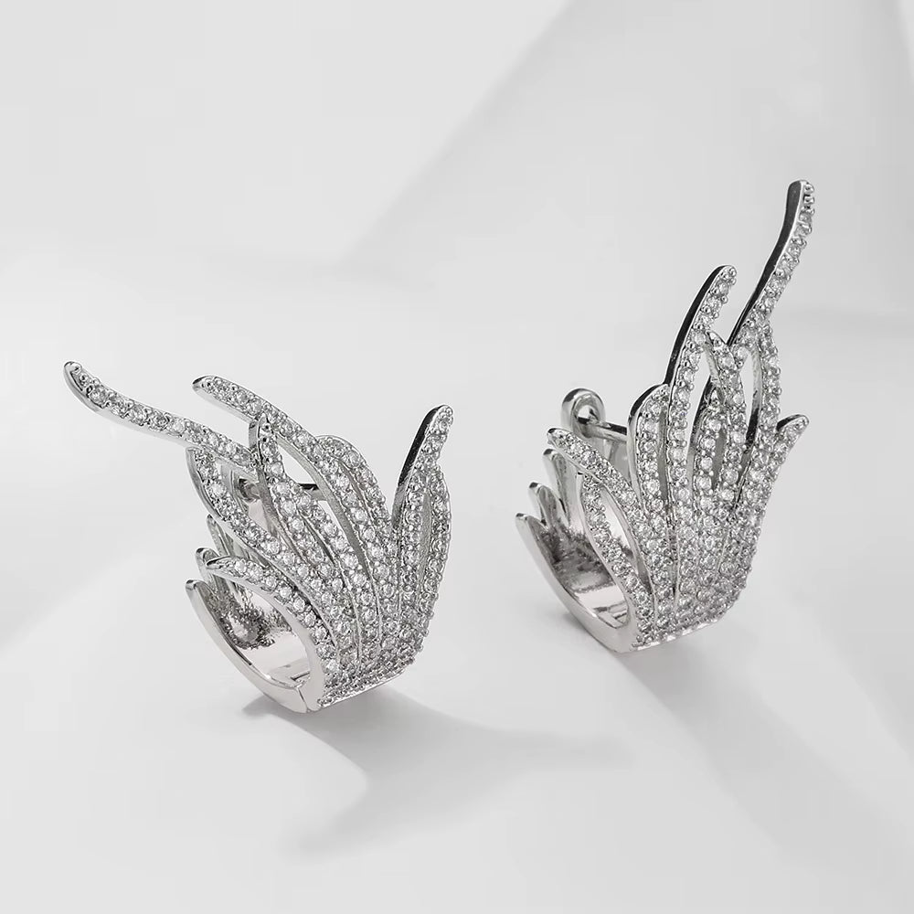 New Korean Creative Feather Earrings Full Zircon Ear Buckle Gold Silver Stud Earrings Wedding Accessories