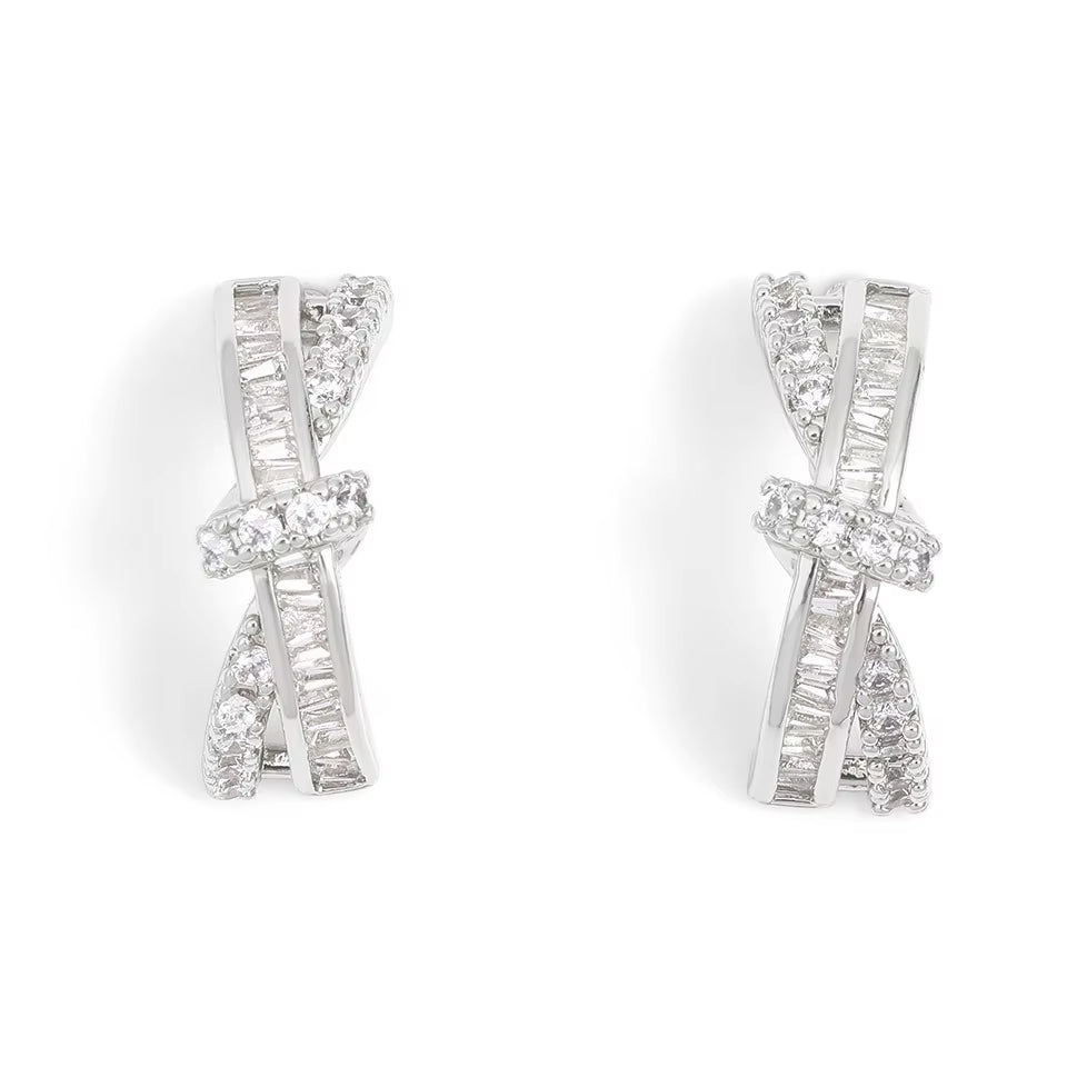 French Luxury Full Zircon Earrings Female Cross Twist Rows High Quality Fashion Earrings