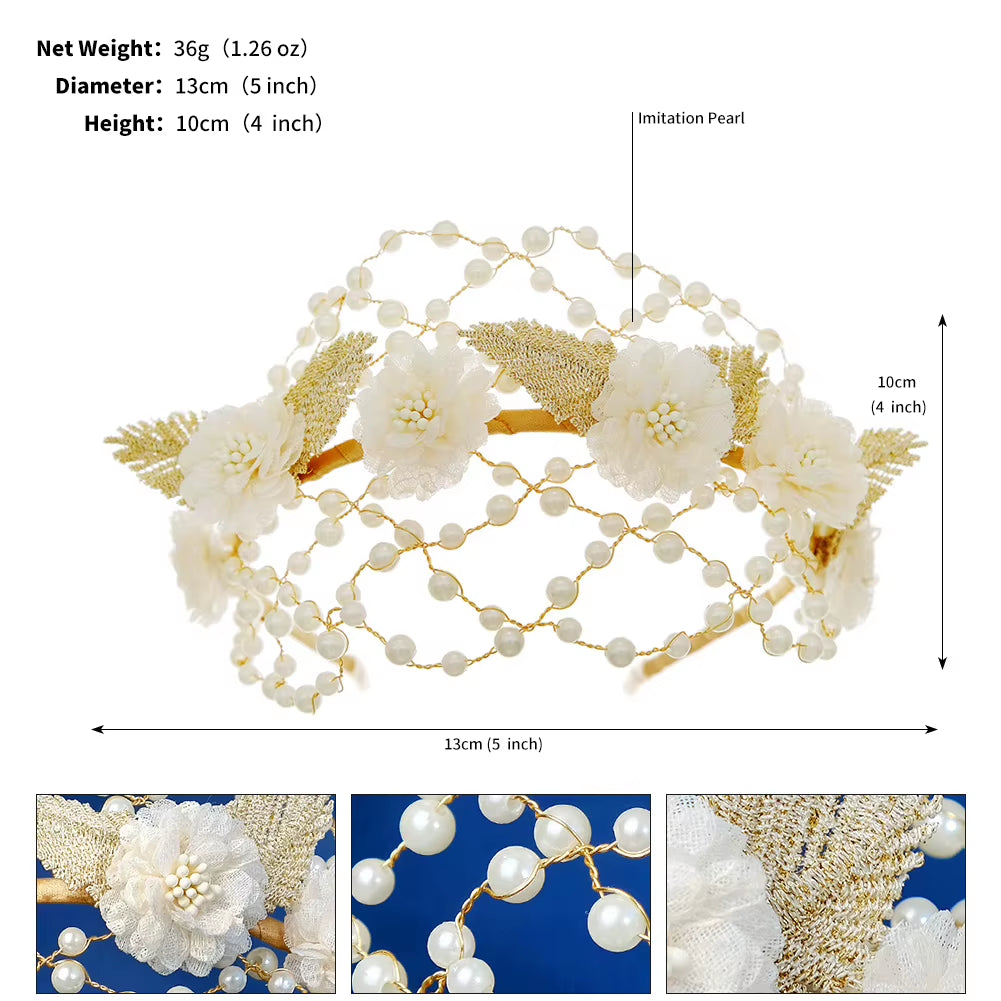 Handmade Fabric Flower Beaded Pearl Bridal Crown Hair Hoop for Girls Wedding Headwear Mesh Hairband