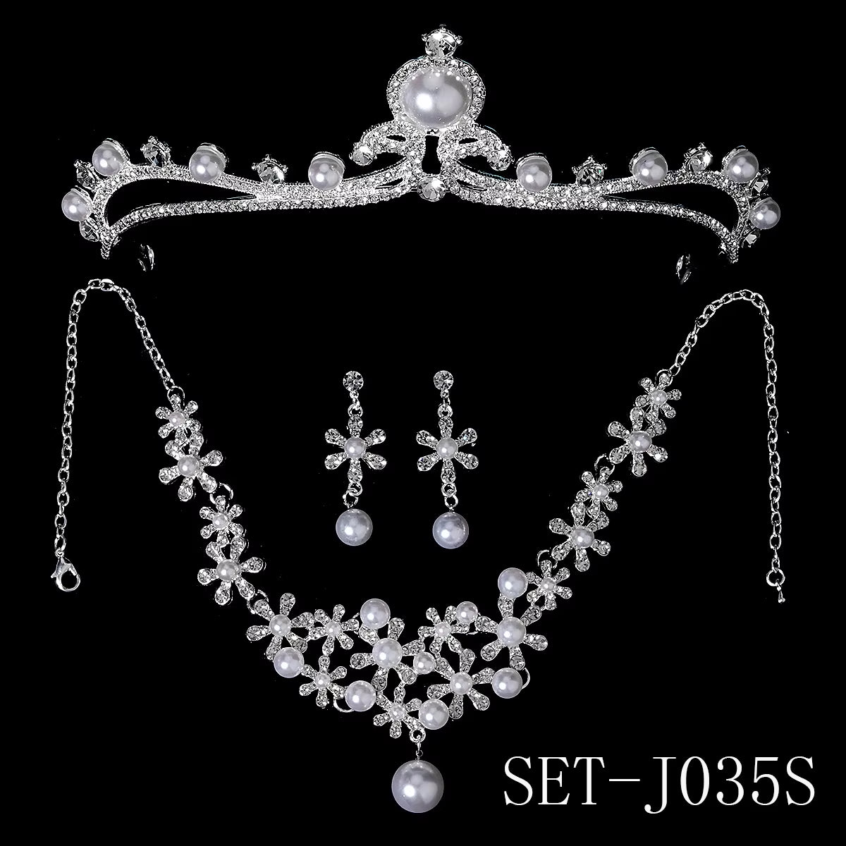 Fashion Bridal Pearl Jewelry Sets Rhinestone Crown Tiara Necklace Earrings Wedding Hair Accessories for Women