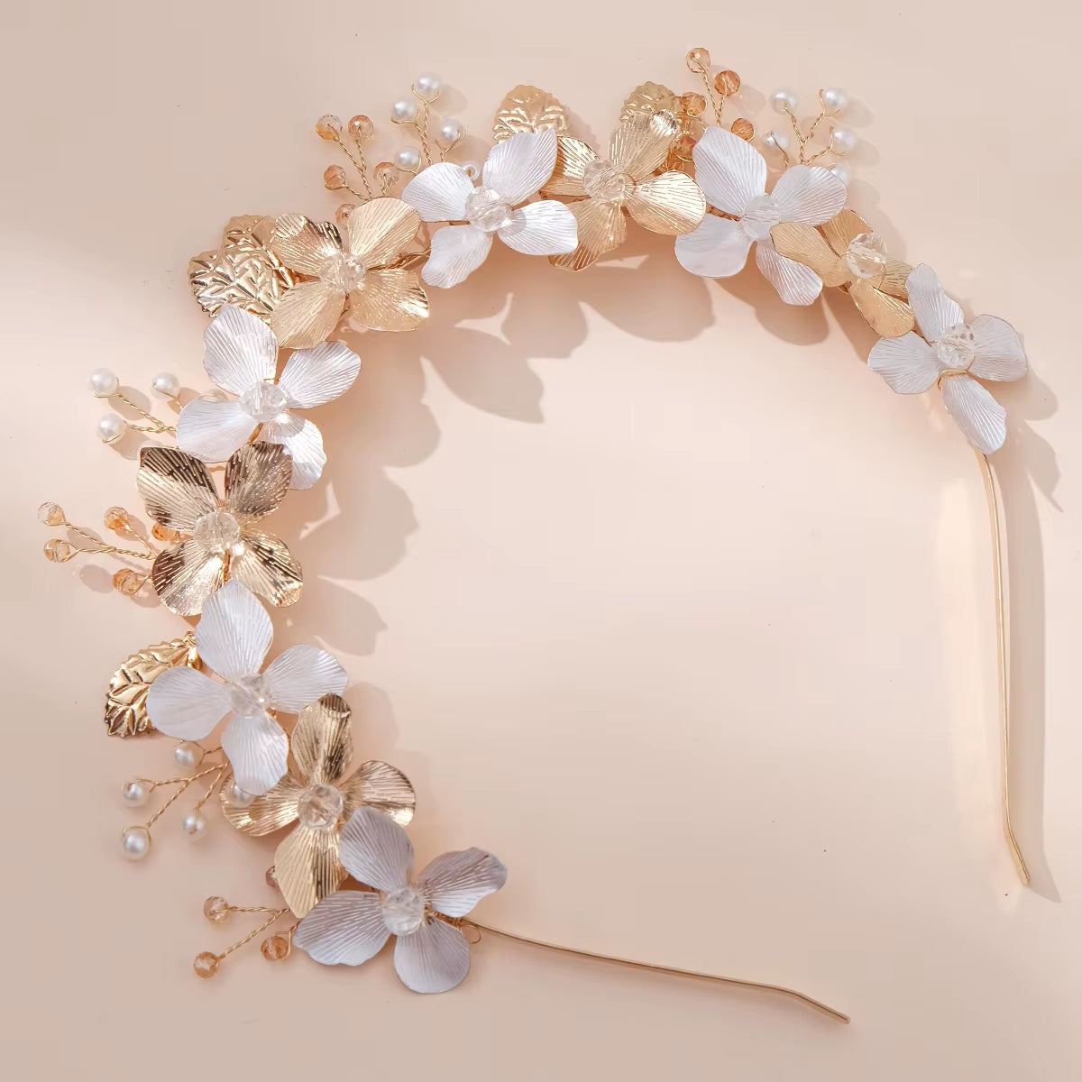 Metal Flower Luxury Gold Hairband Floral Bridal Pearl Tiara Hair Jewelry Crown Wedding