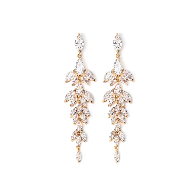 Luxury Long Leaf Tassel Earrings for Women Delicate Shiny Copper Zircon Earrings Wedding Banquet Accessories