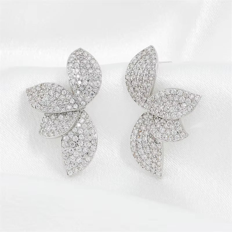 Delicate Flower Leaf Cubic Zirconia Crystal Statement Stud Earrings for Women Girls Dainty