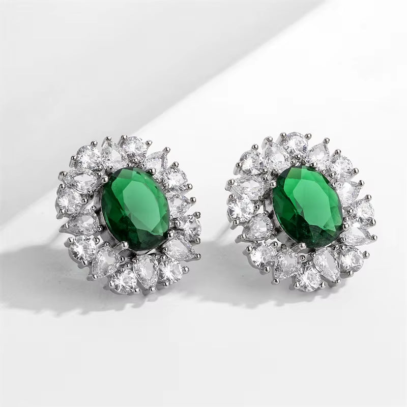 Luxury Copper Jewelry Emerald Water Drop Zircon Fashion Wedding Studs Gemstone Drop Earrings for Women