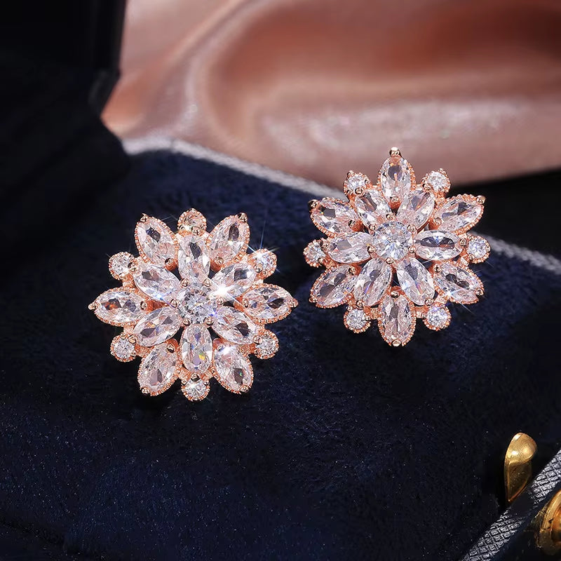 Wholesale Fancy Small Earrings Stud Woman Ladies Designs for Party Girls Luxury Sunflower Double Zircon Women'S Earrings