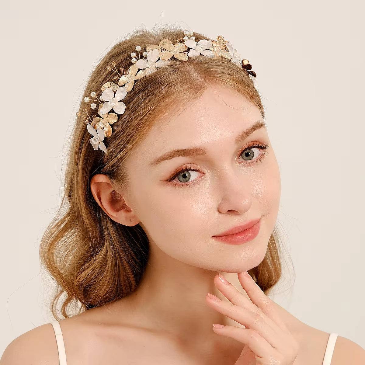 Metal Flower Luxury Gold Hairband Floral Bridal Pearl Tiara Hair Jewelry Crown Wedding