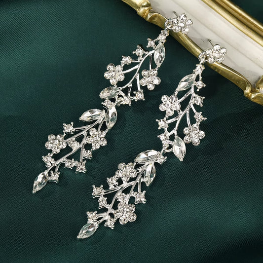 New Trendy Alloy Rhinestone Classic Long Tassel Drop Earrings Luxury Flower Water Drop Bride Earrings Wedding Accessories