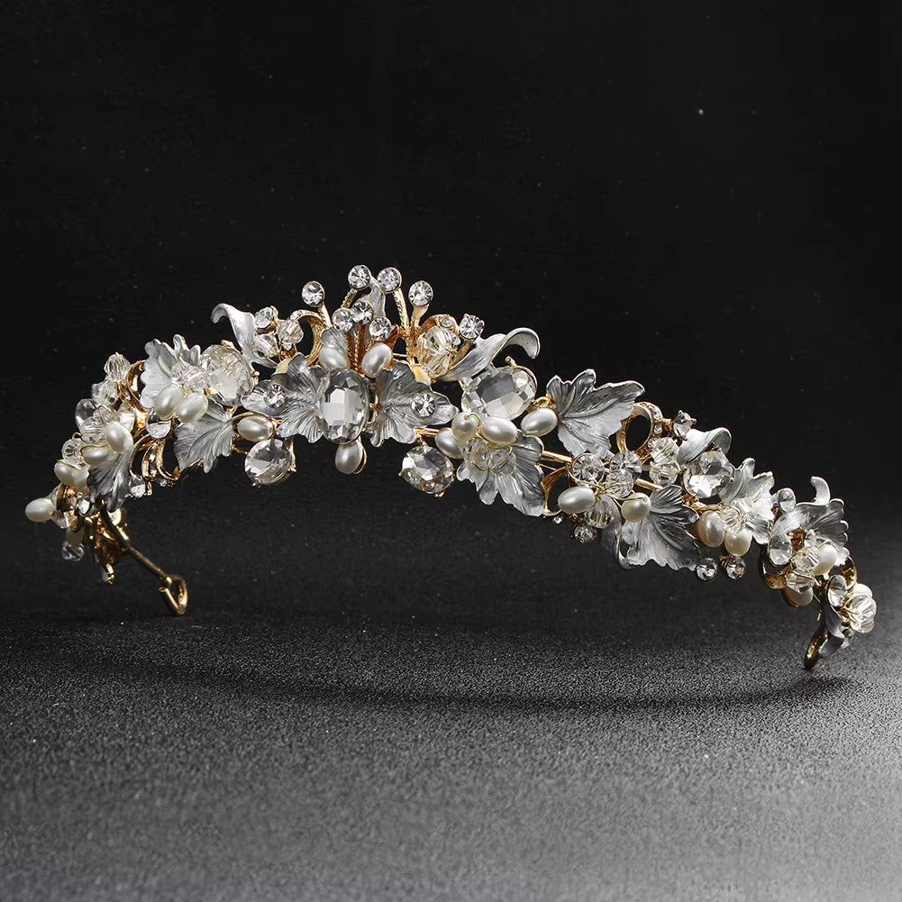 Luxury Rhinestone Bridal Tiaras and Crowns Queen Crown Pearl Flower Large Oval Diamond Hair Hoop Wedding Bride Crown