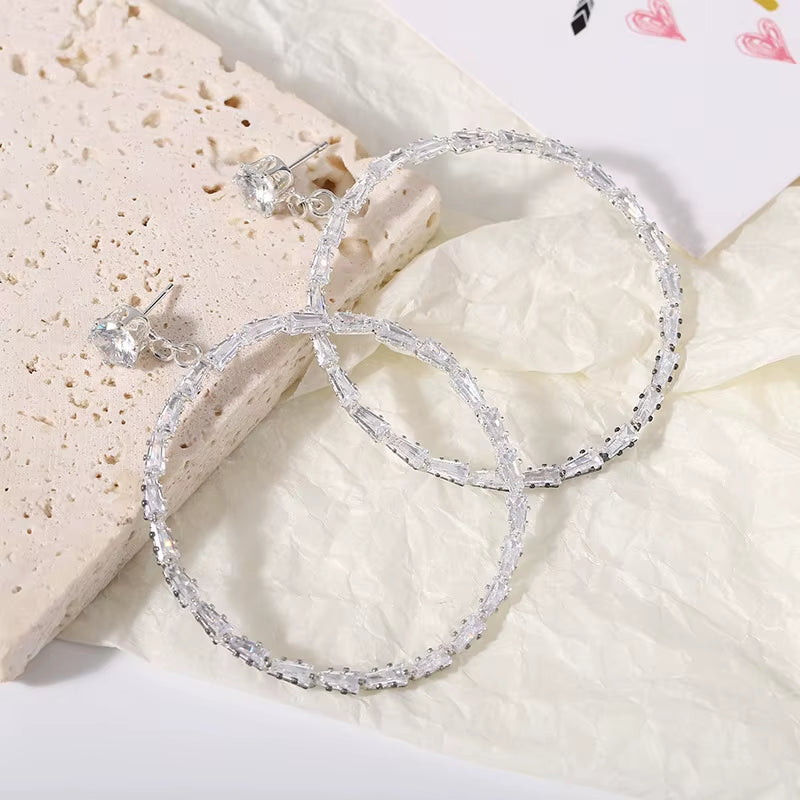 Hyperbole Large Rhinestone Hoop Earrings for Bride Wedding Party Banquet Bridal Jewelry Girls Accessories