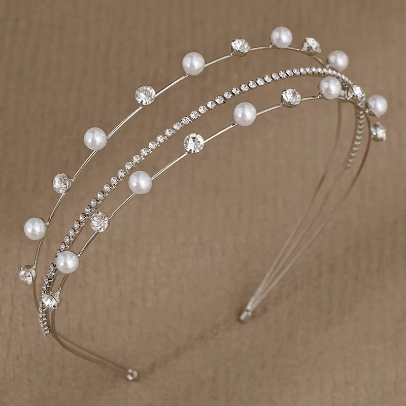 Three Layers Rhinestones Diadems Queens Crowns Wedding Tiara Bridal Crown Crystal Pearl Head Pieces