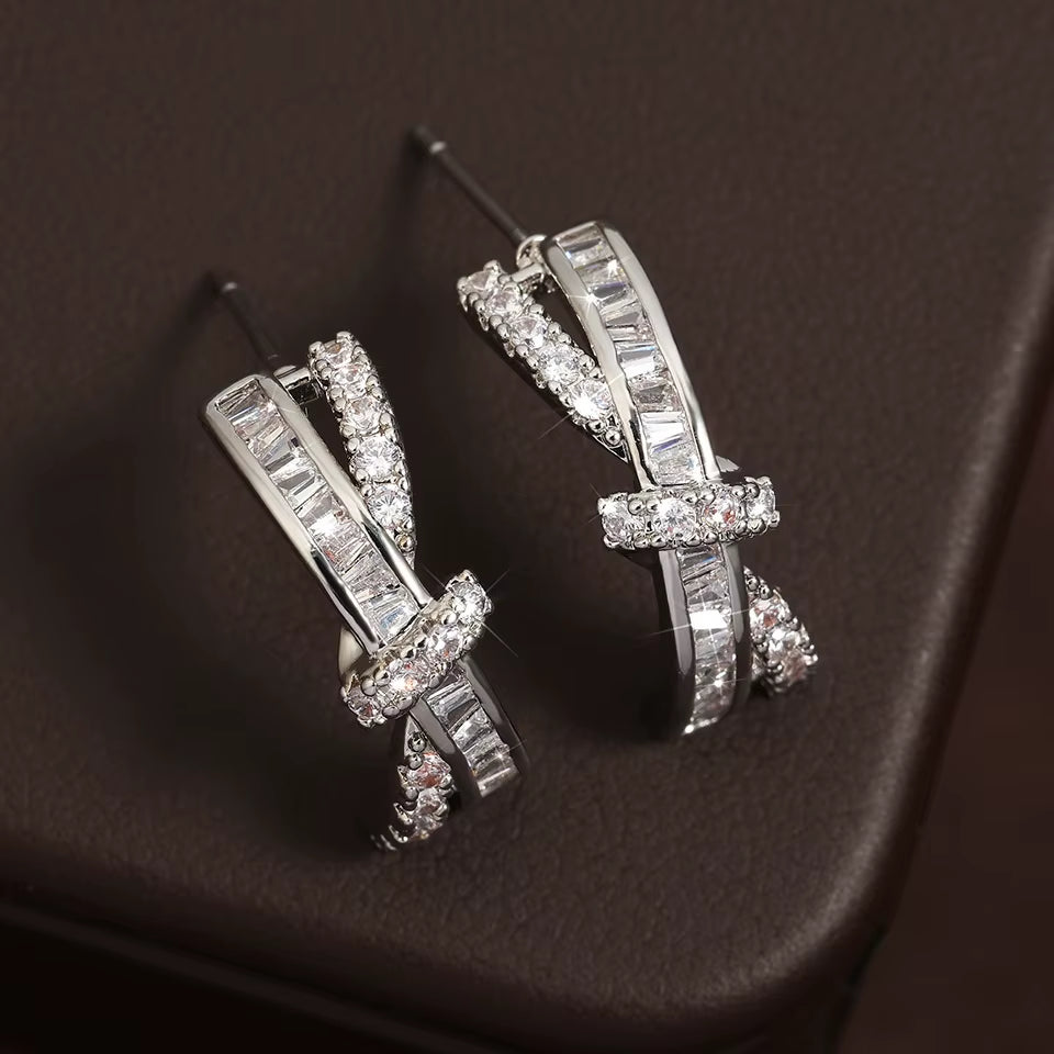 French Luxury Full Zircon Earrings Female Cross Twist Rows High Quality Fashion Earrings