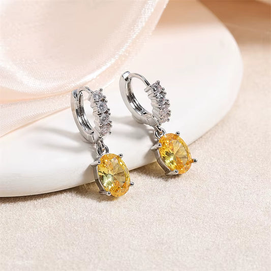 Yellow Citrine Oval Dangle Leverback Cubic Zirconia Earrings with Birthstone for Wedding