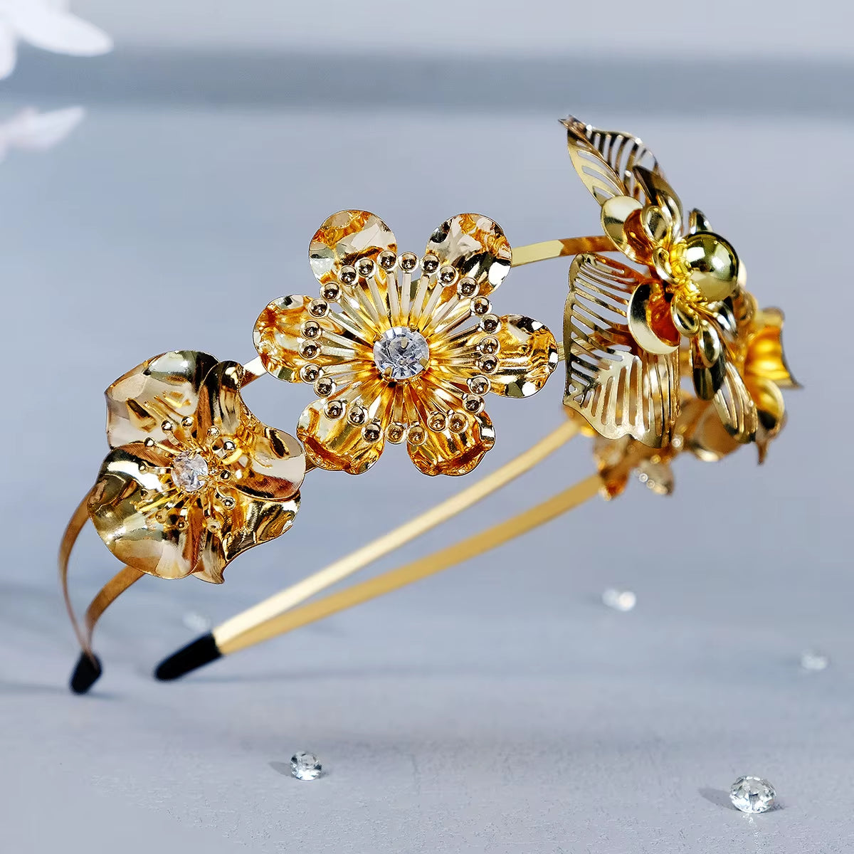 Drop Shipping Gold Color Metal Big Flower Headband Party Girls Wedding Bride Crystal Tiaras for Bridal Hairband for Party