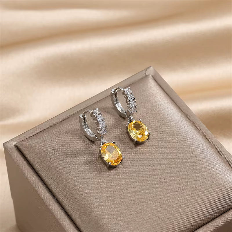 Yellow Citrine Oval Dangle Leverback Cubic Zirconia Earrings with Birthstone for Wedding