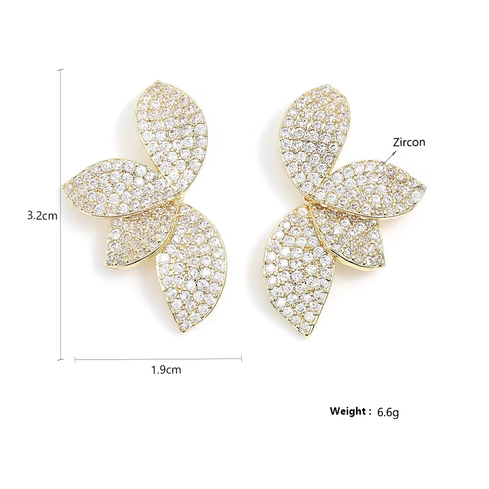 Delicate Flower Leaf Cubic Zirconia Crystal Statement Stud Earrings for Women Girls Dainty