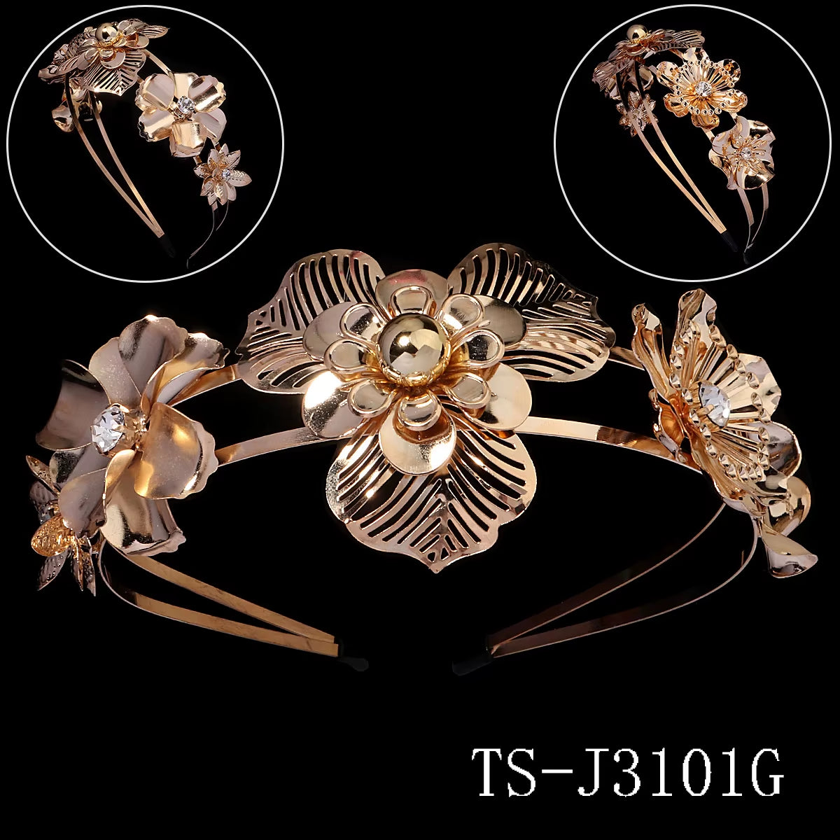 Drop Shipping Gold Color Metal Big Flower Headband Party Girls Wedding Bride Crystal Tiaras for Bridal Hairband for Party