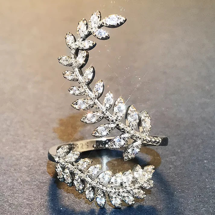 Special Design Bridal Ring – Creative Plant Leaf Long CZ Zirconia Ring for Brides and Women