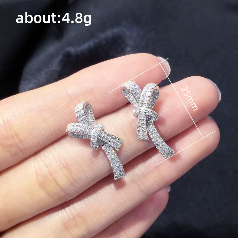 The Same Earrings New Bow Light Luxury Wind Earrings Female Full of Zircon Earrings in Stock