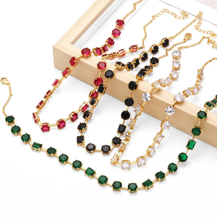 Gold-Plated Bamboo Square & Round Color Diamond Necklace - Emerald Zircon Collarbone Chain