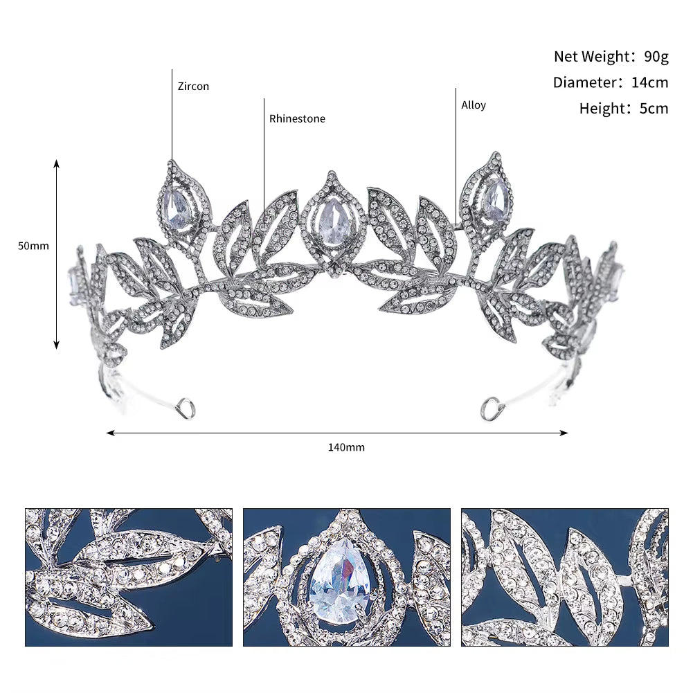 Classic Rhinestone Leaf Alloy Crown Wedding Headdress for Bride Bridal Accessories Tiara