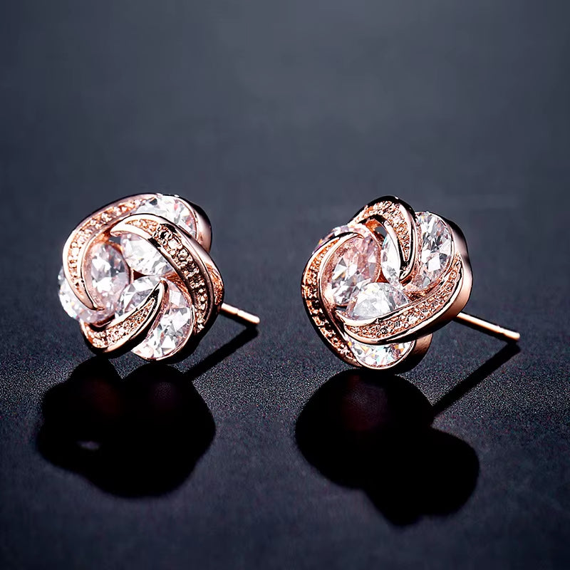 Fashion Small Fresh Creative Rose Flower Earrings Female Delicate Micro-Set Zircon Earrings