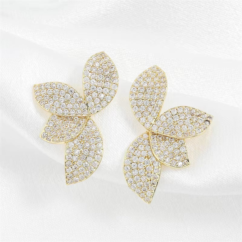 Delicate Flower Leaf Cubic Zirconia Crystal Statement Stud Earrings for Women Girls Dainty