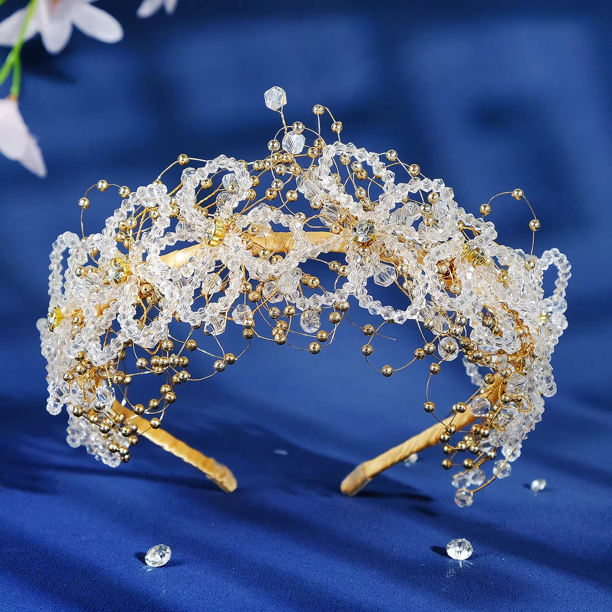 Drop Shipping Gold Color Handmade Luxury Crystal Beaded Headband Party Girls Wedding Bride Tiaras for Bridal Hairband for Party