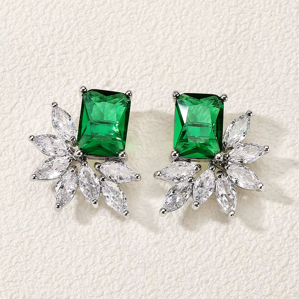 New Colored Diamond Earrings Female Luxury Emerald Blue Zircon Earrings Retro Court Style