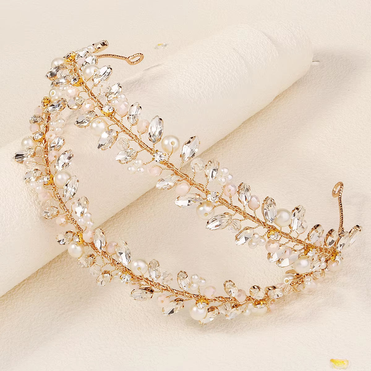 Crystal Double-Row Hair Hoop Headband Crown Handmade Pearl Rhinestone Hairband Bridal Hair Crown