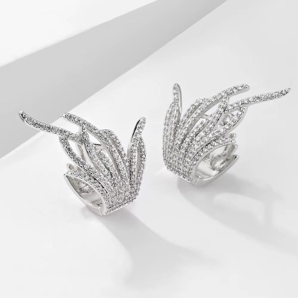 New Korean Creative Feather Earrings Full Zircon Ear Buckle Gold Silver Stud Earrings Wedding Accessories