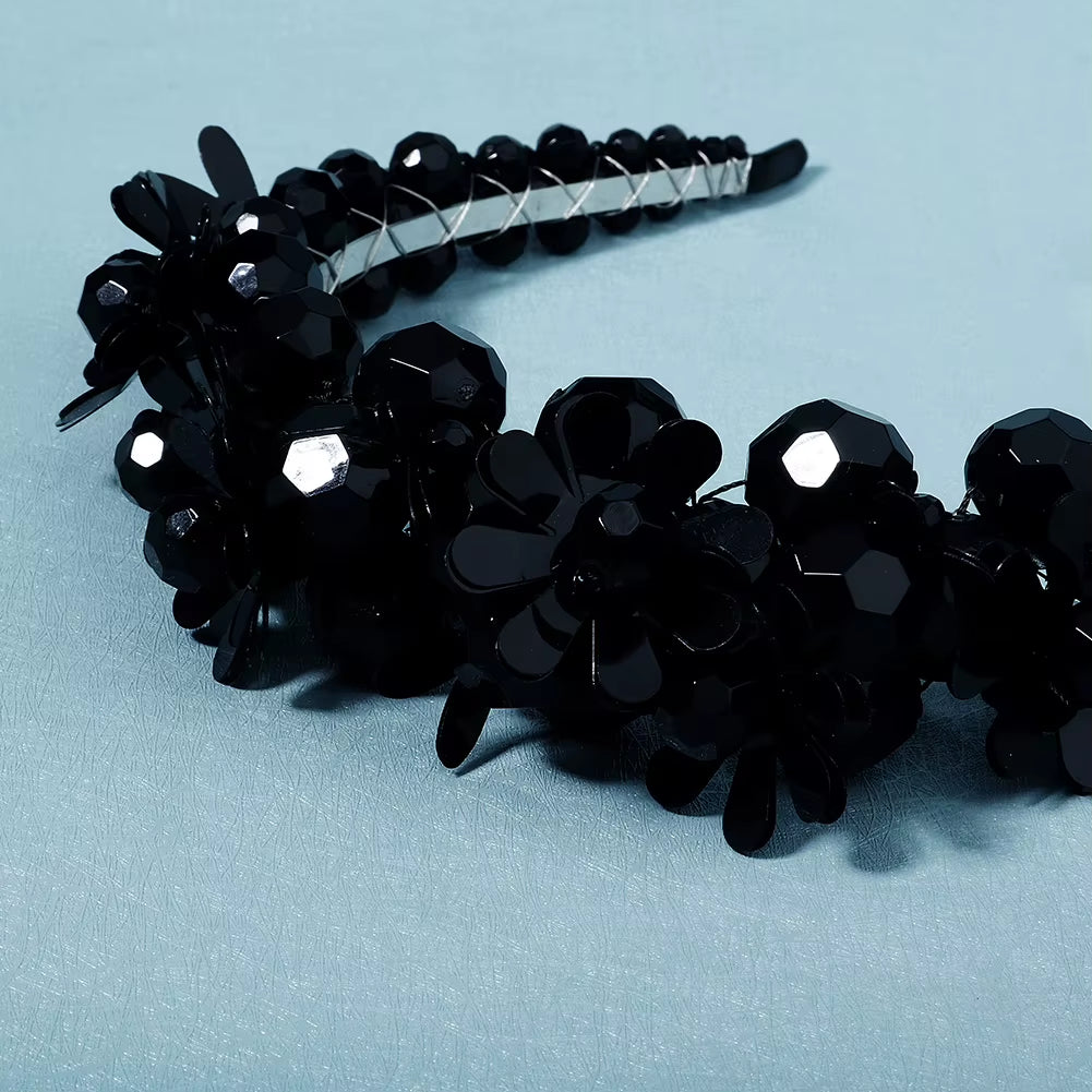 Black and Clear Handmade Crystal Sequin Party Headband Night Ball Performance Birthday Headdress