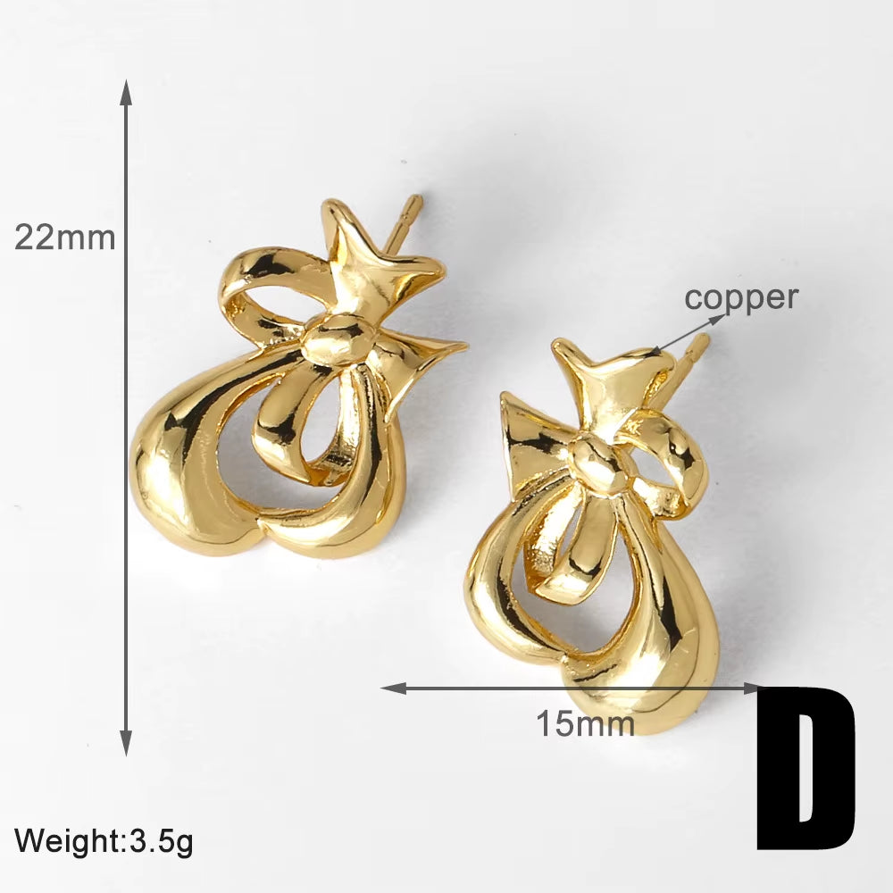 Hot Hip Hop Bow Earrings Copper Plated Gold Inset Zircon Women Daily Gentle Stud Earrings