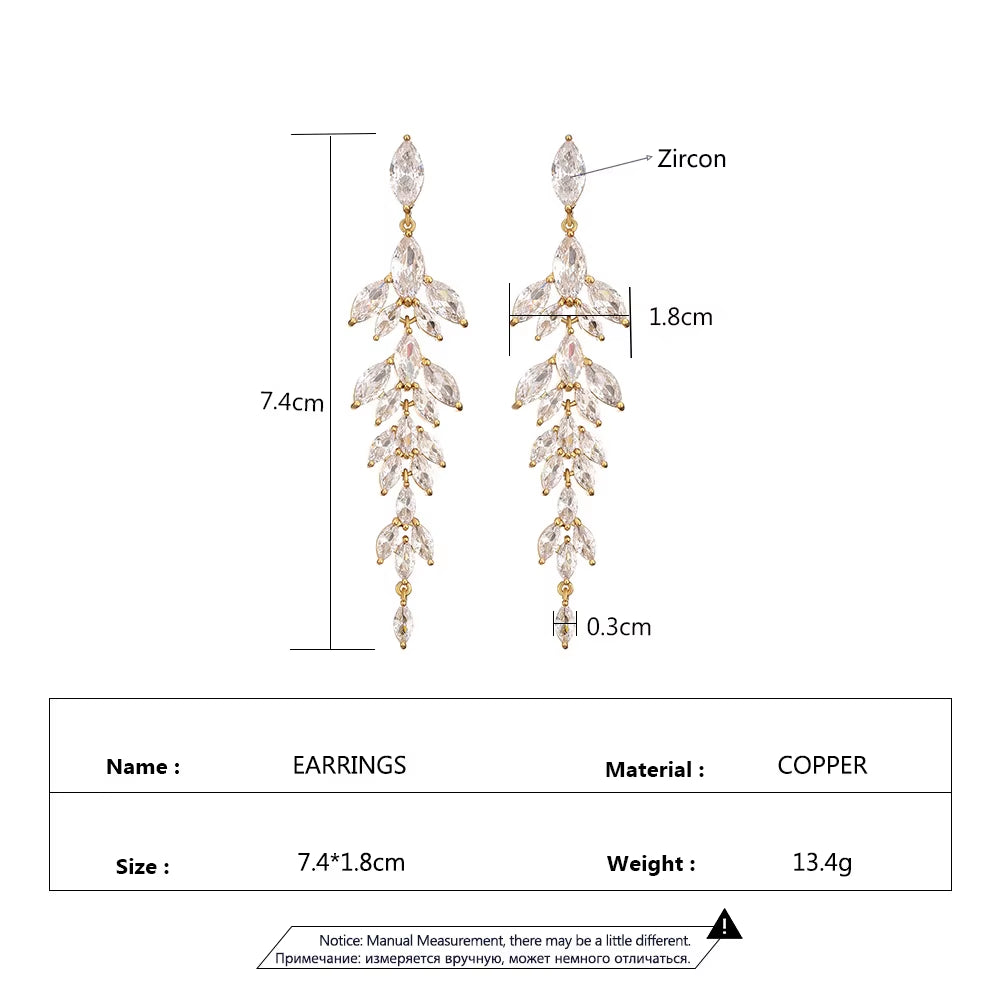 Luxury Long Leaf Tassel Earrings for Women Delicate Shiny Copper Zircon Earrings Wedding Banquet Accessories