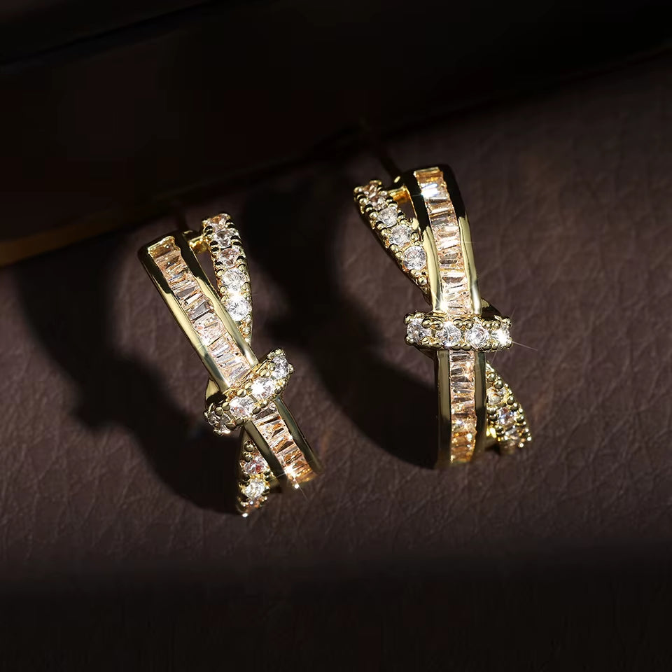 French Luxury Full Zircon Earrings Female Cross Twist Rows High Quality Fashion Earrings