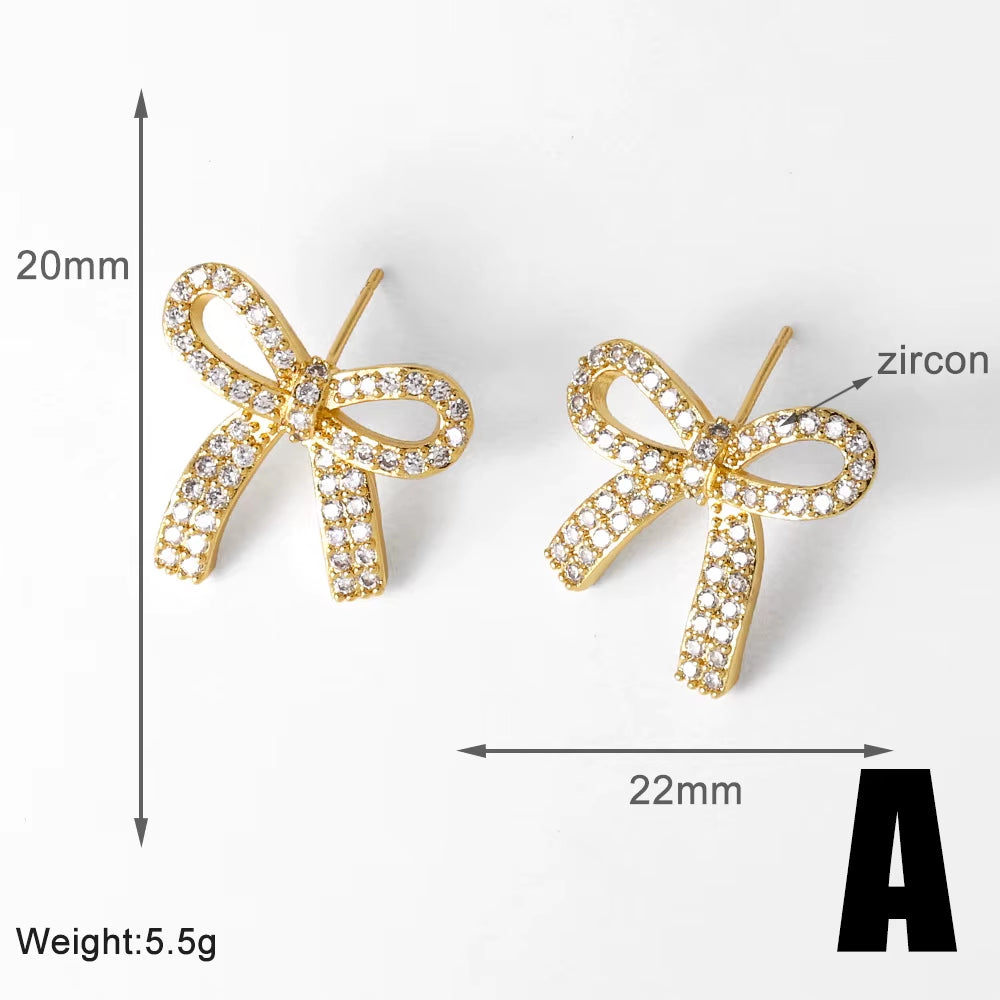 Hot Hip Hop Bow Earrings Copper Plated Gold Inset Zircon Women Daily Gentle Stud Earrings