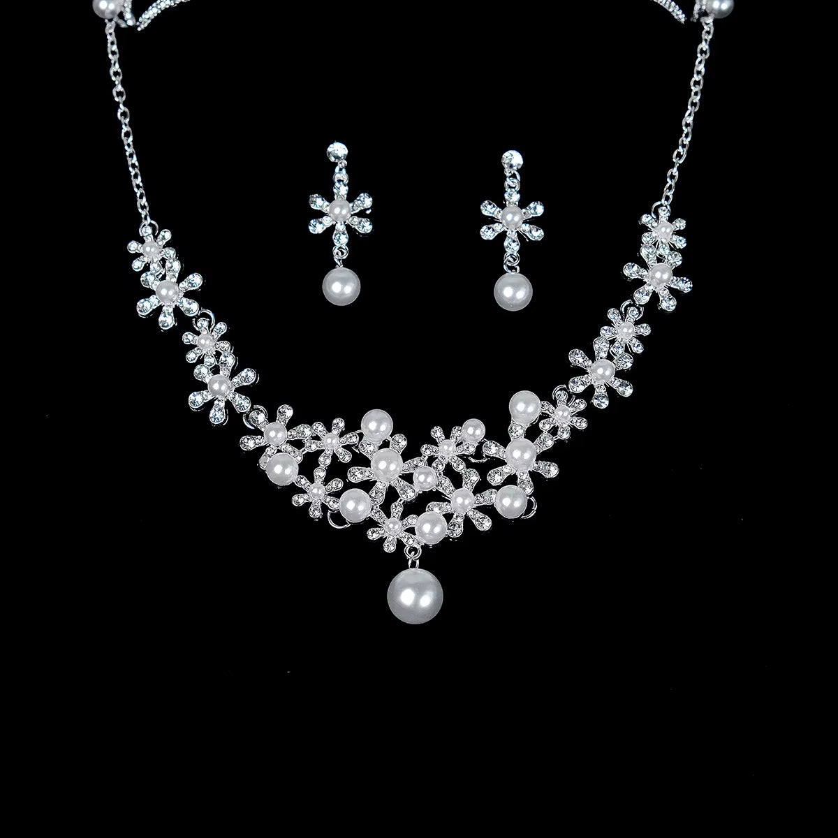 Fashion Bridal Pearl Jewelry Sets Rhinestone Crown Tiara Necklace Earrings Wedding Hair Accessories for Women