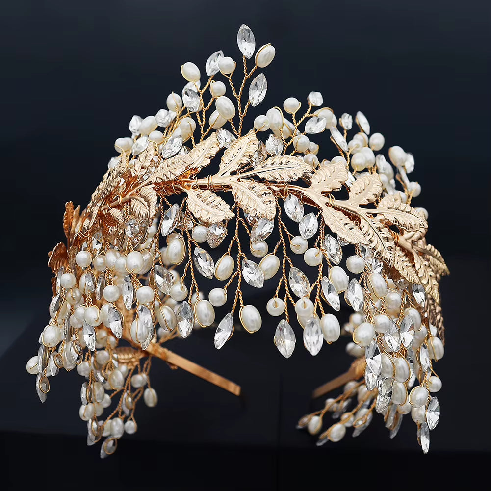 Luxury Handmade Gold Silver Crystal Pearl Bride Accessoires Mariage Party Wedding Retro Color Bride Crown Headband