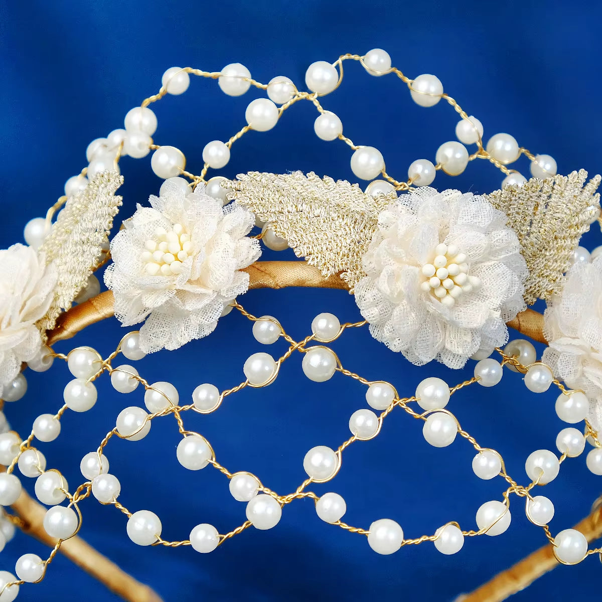 Handmade Fabric Flower Beaded Pearl Bridal Crown Hair Hoop for Girls Wedding Headwear Mesh Hairband