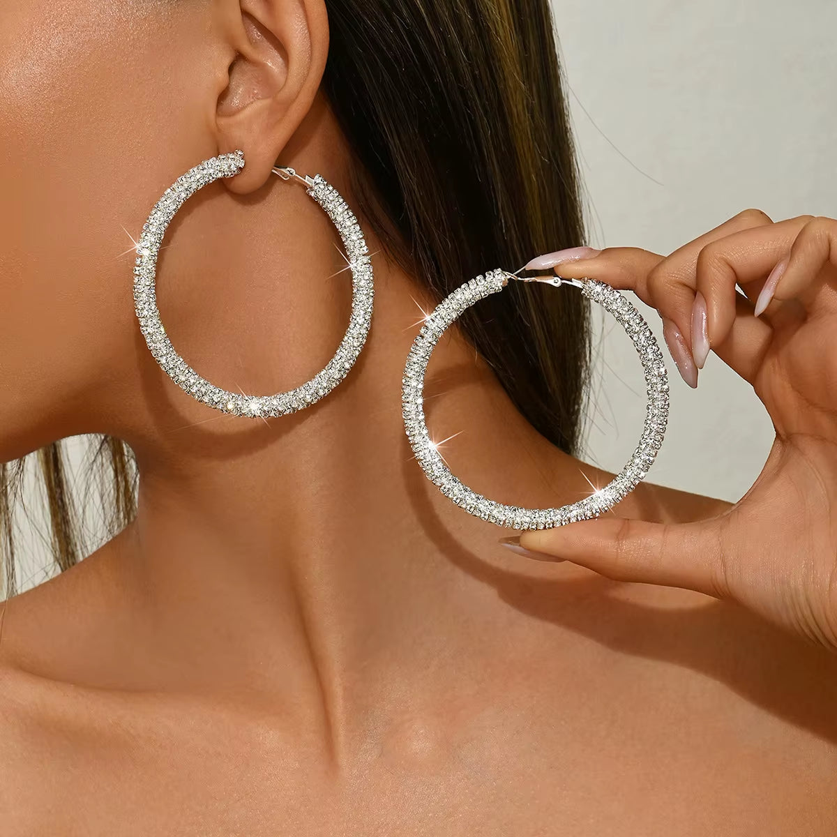 Hyperbole Large Rhinestone Hoop Earrings for Bride Wedding Party Banquet Bridal Jewelry Girls Accessories