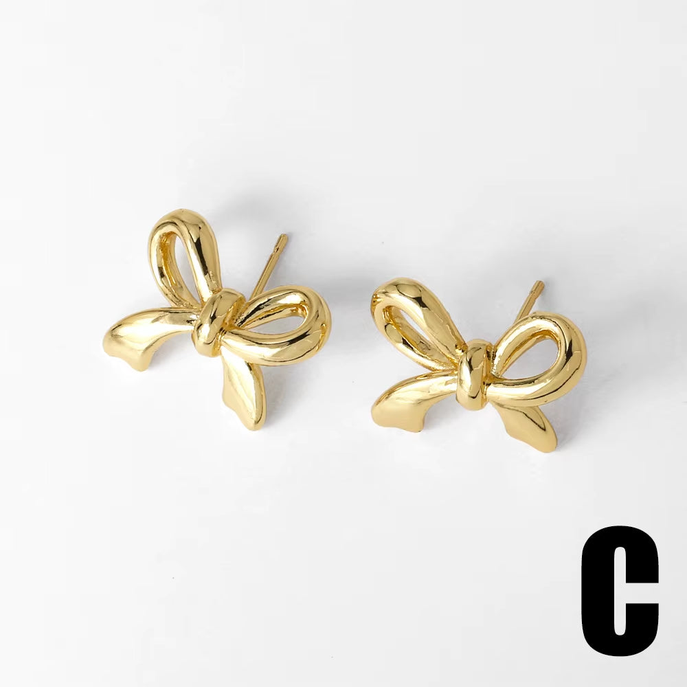 Hot Hip Hop Bow Earrings Copper Plated Gold Inset Zircon Women Daily Gentle Stud Earrings