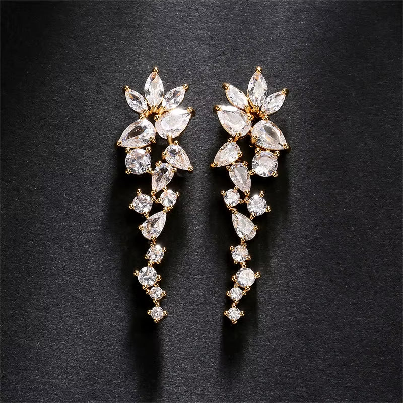 Designer Emerald Water Drop Zircon Flower Fashion Long Earrings Women Fine Jewelry Earrings