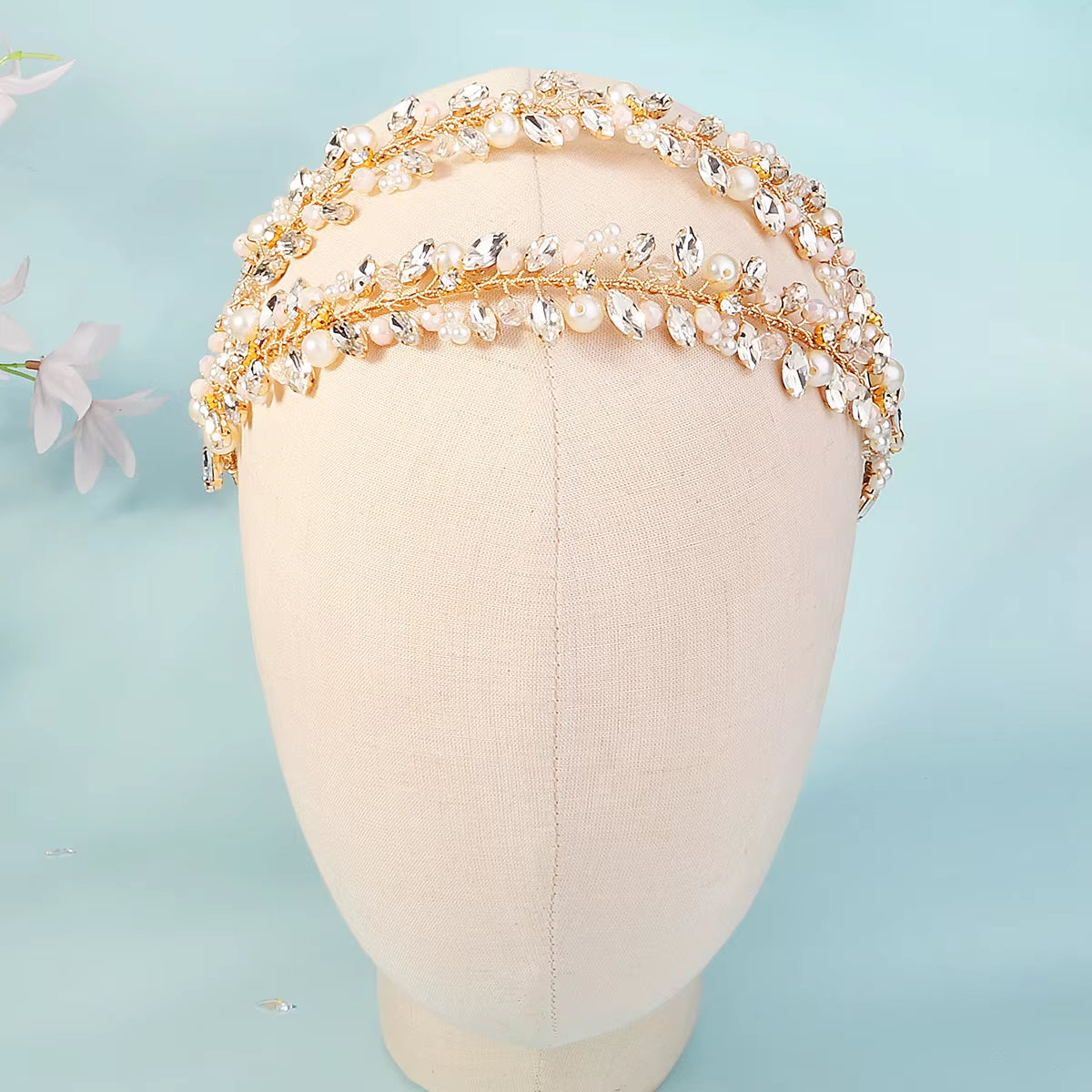 Crystal Double-Row Hair Hoop Headband Crown Handmade Pearl Rhinestone Hairband Bridal Hair Crown