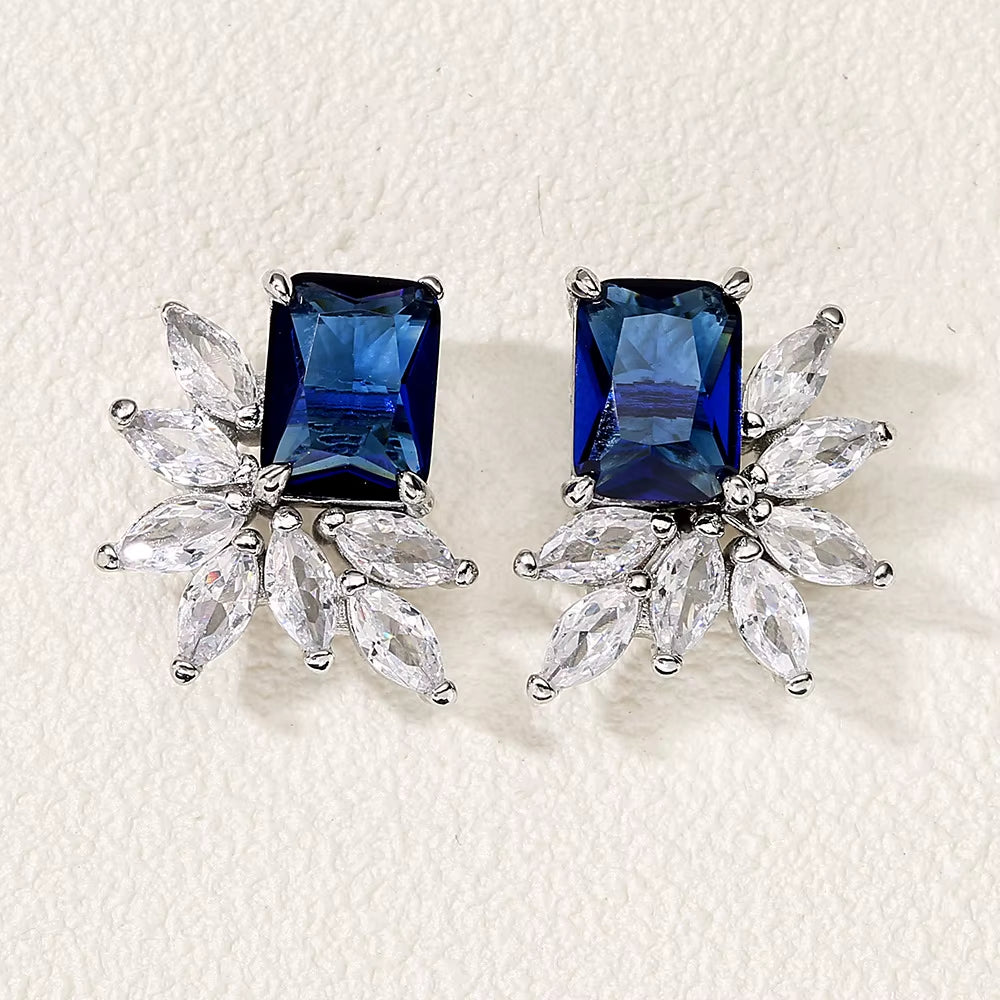 New Colored Diamond Earrings Female Luxury Emerald Blue Zircon Earrings Retro Court Style