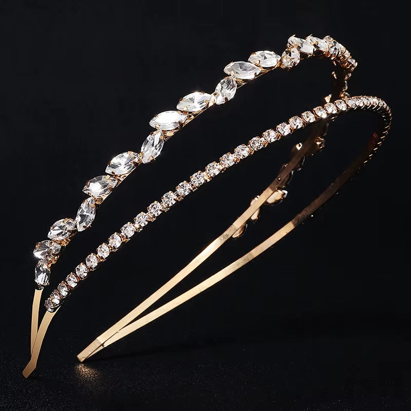 Elegant Double Rhinestone Wedding Hair Crown with Vintage Crystal Bridal Tiara Leaf Wedding Hair Jewelry Gold for Wedding