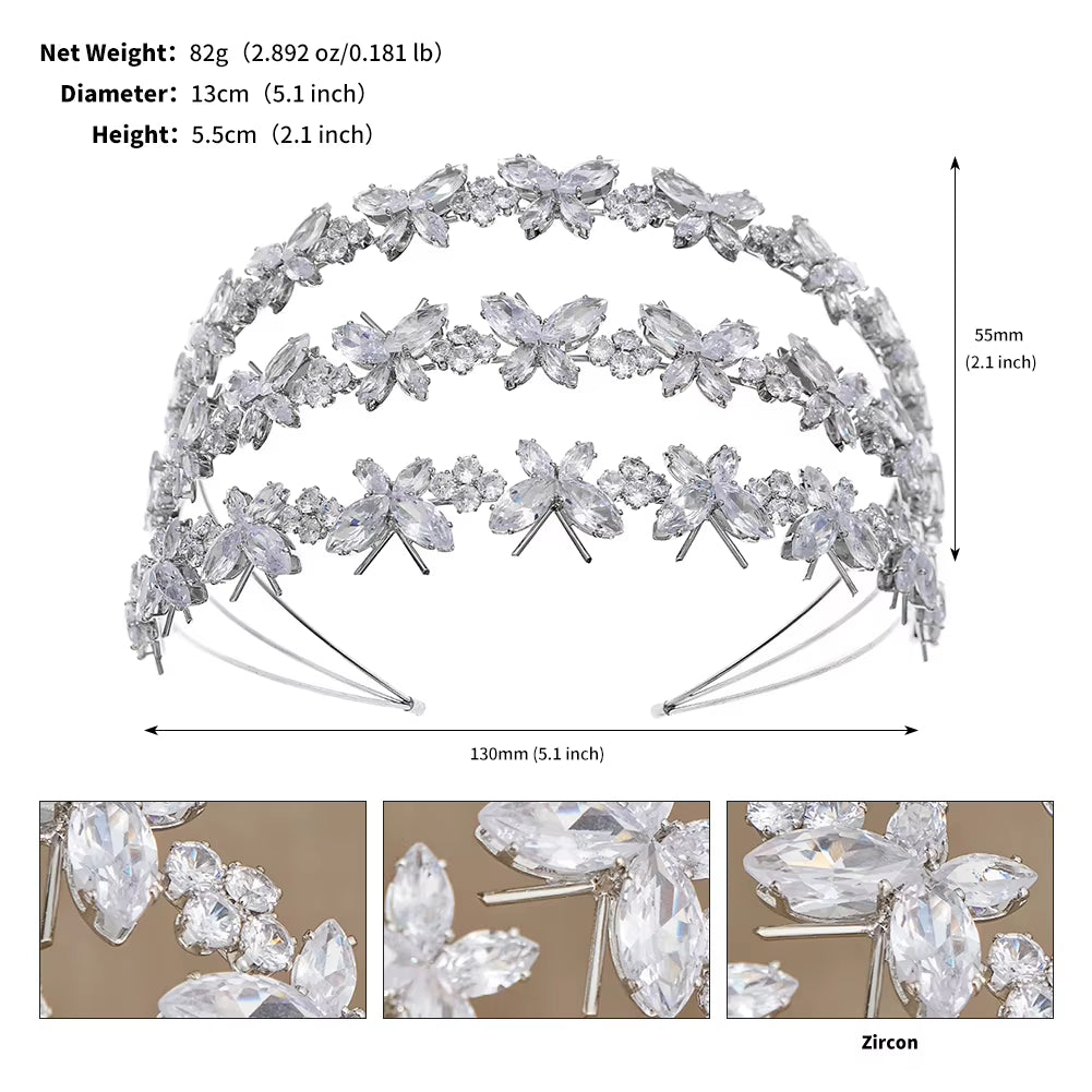 Fashion Butterfly Design Triple Layer Bridal Hair Accessories Bridal Headpiece Princess Pageant Zircon Hairband for Women